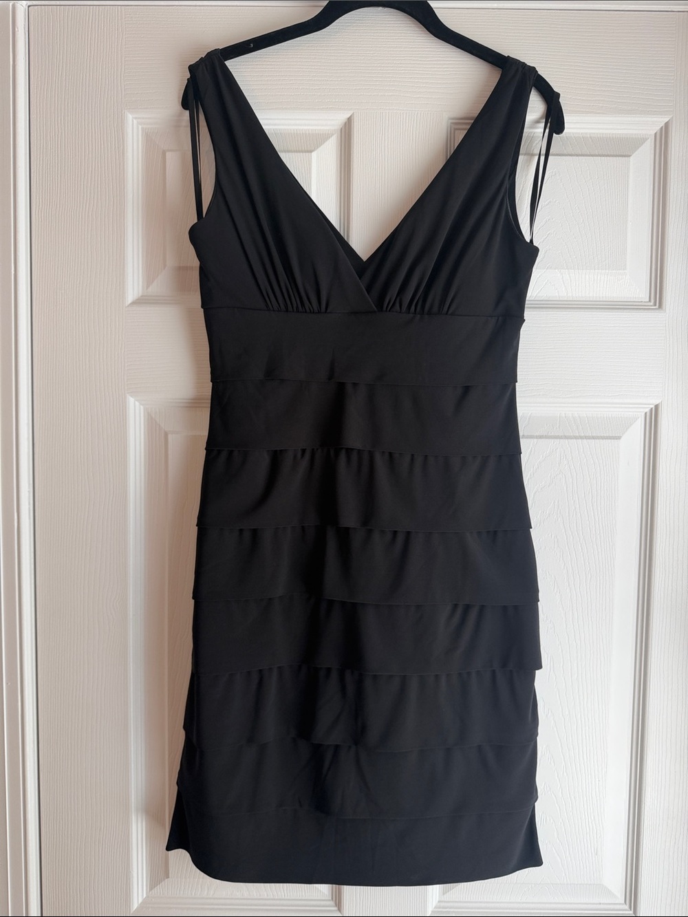 dressbarn Black V-Neck Tiered Mini Dress with Shoulder Ties